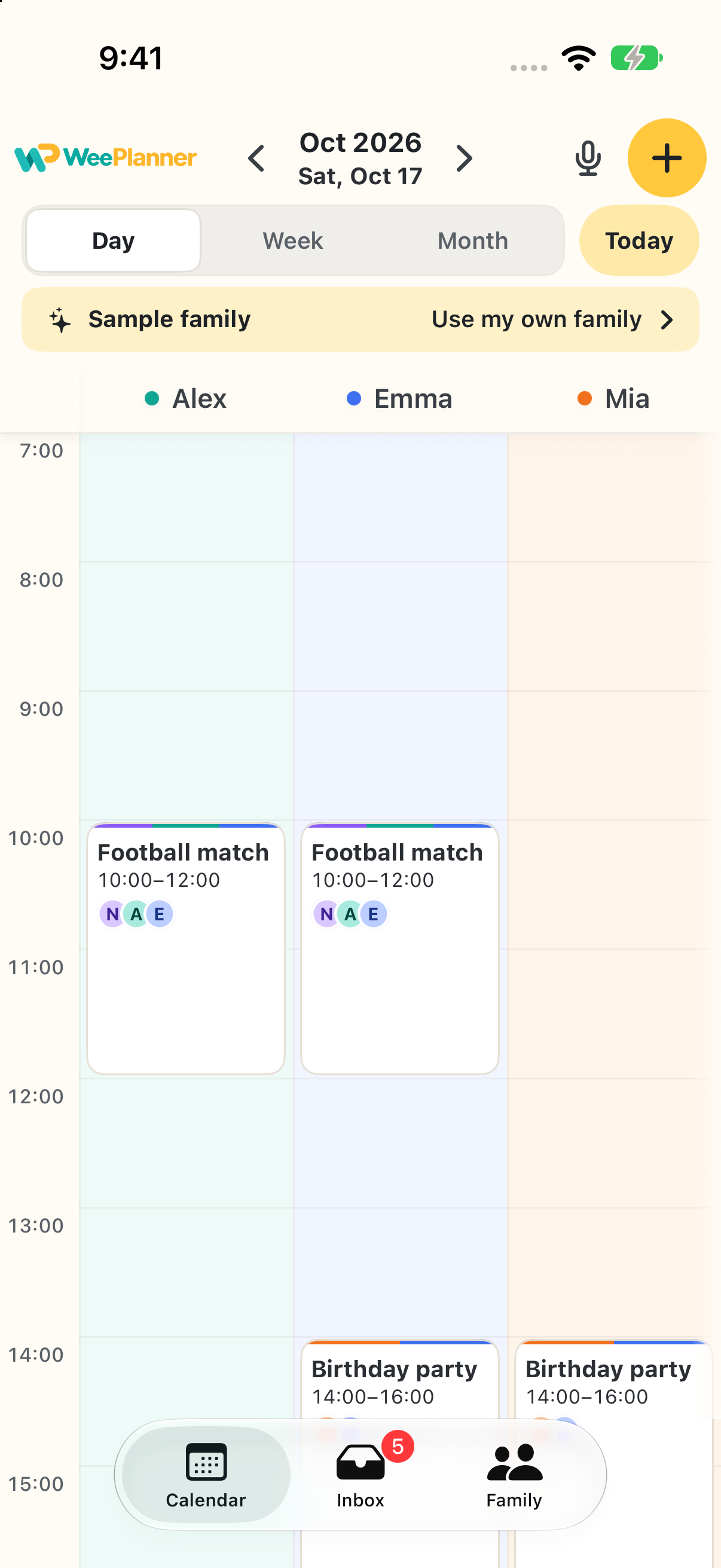 WeePlanner day calendar for a sample family, with color-coded columns for Alex, Emma and Mia showing a football match and birthday party.